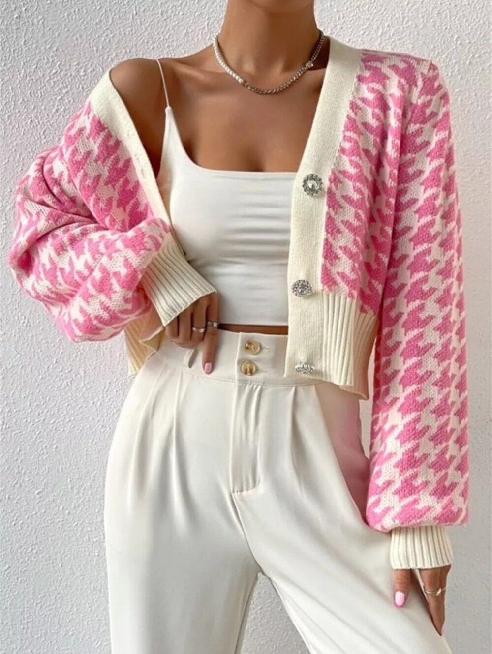 Houndstooth V-Neck Button Up Cardigan - Picture 4 of 6